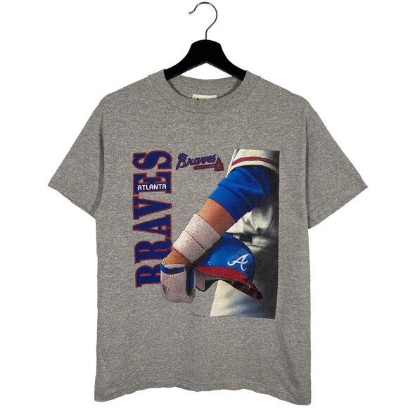 Vintage 1997 MLB Atlanta Braves Helmet SS T-shirt Gray Youth size Large / Mens S - Picture 1 of 6